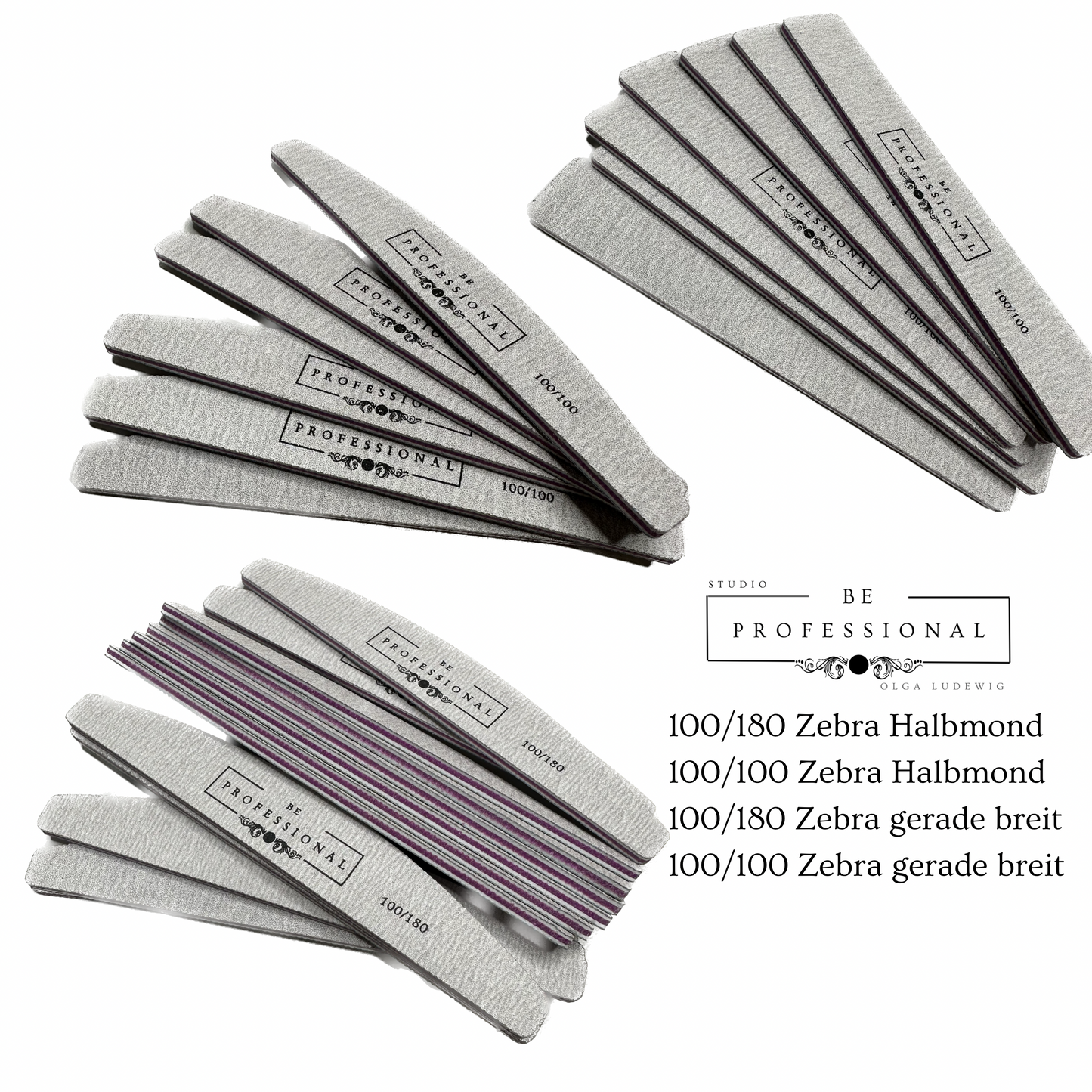 200 Stück / SPAR - Paket / Professionelle Nagelfeilen BE PROFESSIONAL weiß/Zebra 100/100 oder 100/180
